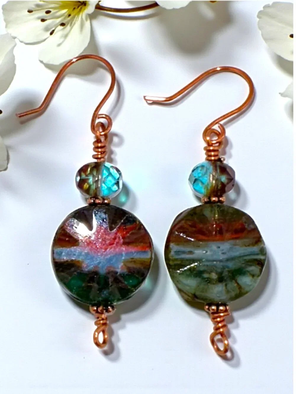 Boho Forest Sunrise Earrings Green Red Czech Glass Copper Dangle Beaded Artisan